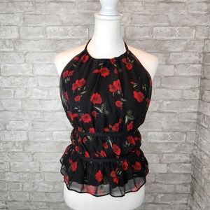 Pretty Garbage Rosa Halter Top Black Red Floral Chiffon Open Back Festival Large